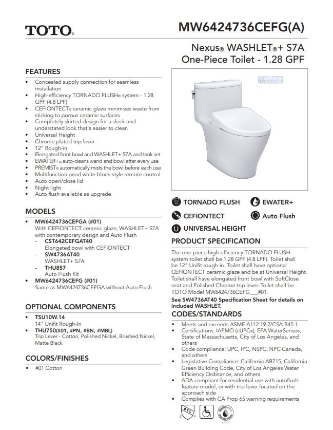 MW6424736CEFGA#01 - Nexus® WASHLET®+ S7A One-Piece Toilet - 1.28 GPF