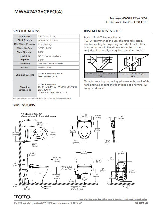 MW6424736CEFGA#01 - Nexus® WASHLET®+ S7A One-Piece Toilet - 1.28 GPF