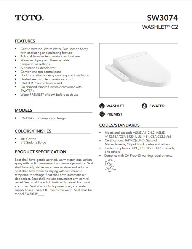 SW3074#01 - WASHLET® C2 - Elongated